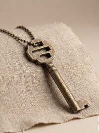 Antique Iron Skeleton Key Necklace OPHELIA, Two-Bladed Trunk Lock Pendant, Brass Ball