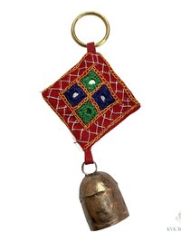 Handmade Boho Indian Shisha Mirror Embroidery Bell Chime Keychain, Recycled Copper Accent
