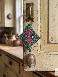 Handmade Boho Indian Shisha Mirror Embroidery Bell Chime Keychain, Recycled Copper Accent