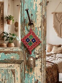 Handmade Boho Indian Shisha Mirror Embroidery Bell Chime Keychain, Recycled Copper Accent