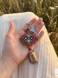 Handmade Boho Indian Shisha Mirror Embroidery Bell Chime Keychain, Recycled Copper Accent
