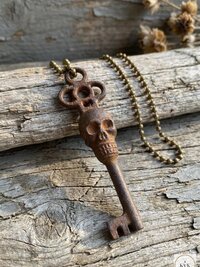 Gothic Skull Key Necklace, Cast Iron Boho Pendant Jewelry