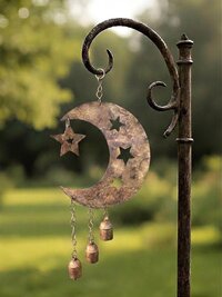 Crescent Moon and Stars with Hanging Bells Windchime - Artisan Metal Garden Decor Brass Bells