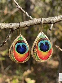Peacock Feather Print Teardrop Earrings, Bohemian Gold Plated Dangles, Colorful Artisan Jewelry Drops