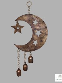 Crescent Moon and Stars with Hanging Bells Windchime - Artisan Metal Garden Decor Brass Bells