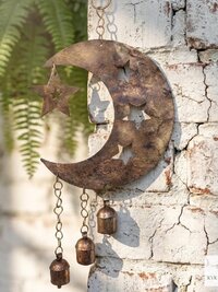 Crescent Moon and Stars with Hanging Bells Windchime - Artisan Metal Garden Decor Brass Bells