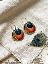 Peacock Feather Print Teardrop Earrings, Bohemian Gold Plated Dangles, Colorful Artisan Jewelry Drops