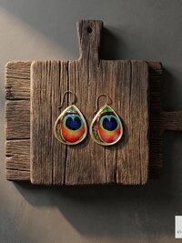 Peacock Feather Print Teardrop Earrings, Bohemian Gold Plated Dangles, Colorful Artisan Jewelry Drops
