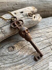 Gothic Skull Key Necklace, Cast Iron Boho Pendant Jewelry