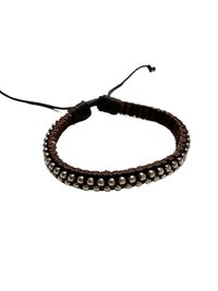 Mens Silver Bead Leather Bracelet