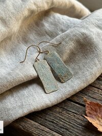 Handcrafted Brass Patina Earrings, Textured Rectangle Dangle Earrings, Rustic Verdigris Boho Jewelry