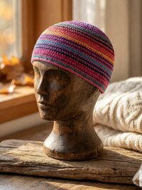Pink Stripe Kufi Skull Cap, Crocheted Beanie Hat, Ethically sourced