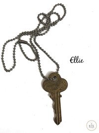 Antique Brass Key Necklace, 1920s Repurposed Pendant, Gunmetal Ball Jewelry