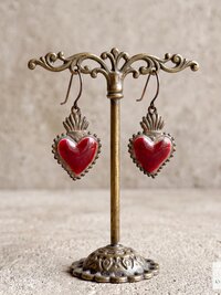 Gothic Ruby Red Sacred Heart Brass Double Sided Boho Earrings, Gift for Her
