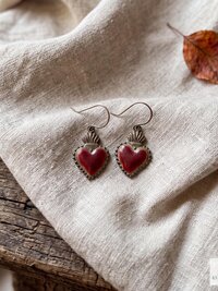 Gothic Ruby Red Sacred Heart Brass Double Sided Boho Earrings, Gift for Her