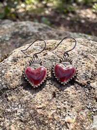 Gothic Ruby Red Sacred Heart Brass Double Sided Boho Earrings, Gift for Her