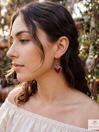 Gothic Ruby Red Sacred Heart Brass Double Sided Boho Earrings, Gift for Her