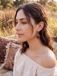 Gothic Ruby Red Sacred Heart Brass Double Sided Boho Earrings, Gift for Her