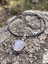 Gray Chalcedony Agate Pendant, Leather Cord Choker, Women's Gemstone Necklace