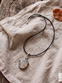Gray Chalcedony Agate Pendant, Leather Cord Choker, Women's Gemstone Necklace