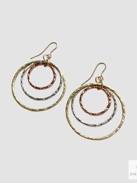 Mixed Metal Dangle Earrings - Hammered Tri Color Nested Hoops, Three Tone Circle Drops