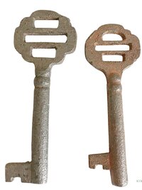 Antique Iron Skeleton Key Necklace OPHELIA, Two-Bladed Trunk Lock Pendant, Brass Ball