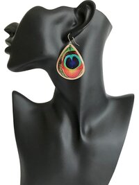 Peacock Feather Print Teardrop Earrings, Bohemian Gold Plated Dangles, Colorful Artisan Jewelry Drops