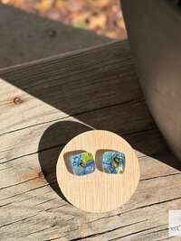 Fused Blue Dichroic Glass Stud Earrings, Square Ocean Post Jewelry, Stainless Steel Minimalist Posts