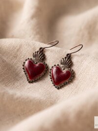 Gothic Ruby Red Sacred Heart Brass Double Sided Boho Earrings, Gift for Her