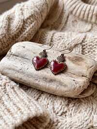 Gothic Ruby Red Sacred Heart Brass Double Sided Boho Earrings, Gift for Her