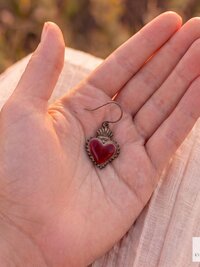 Gothic Ruby Red Sacred Heart Brass Double Sided Boho Earrings, Gift for Her
