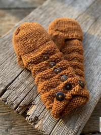 Hand-Knit Orange Wool Mittens with Wooden Buttons - Convertible Fingerless Gloves