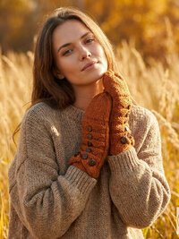 Hand-Knit Orange Wool Mittens with Wooden Buttons - Convertible Fingerless Gloves