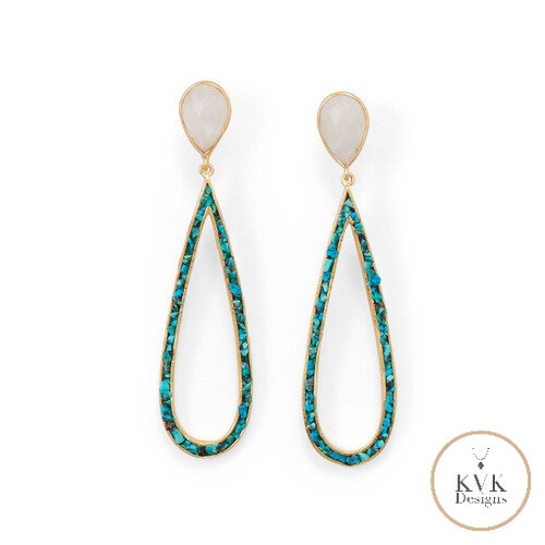 14 Karat Gold Plated Rainbow Moonstone and Turquoise Chip Post Earrings