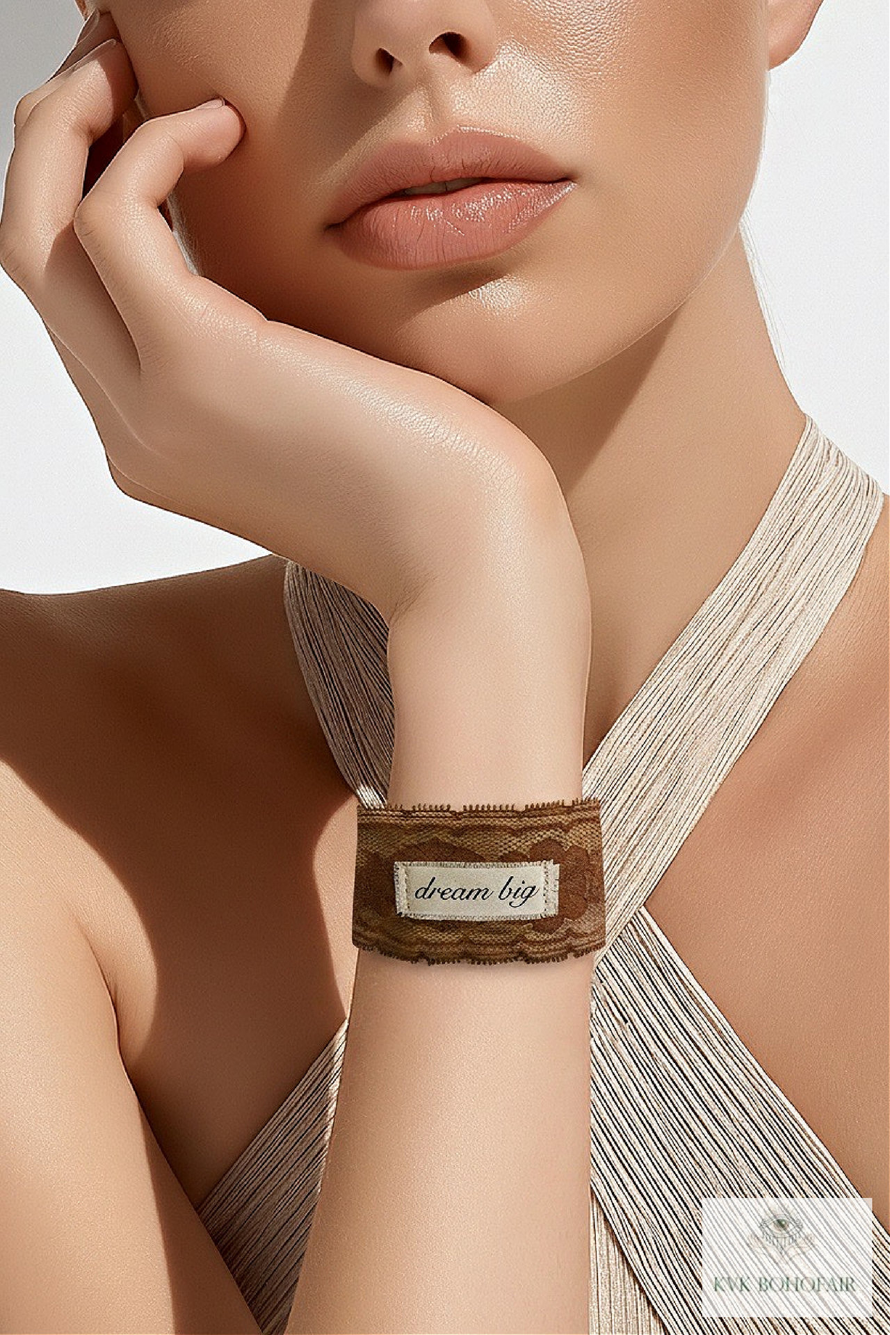 Boho Cotton Cuff Bracelet – Embroidered Dream Big Quote, Vintage Lace Detail