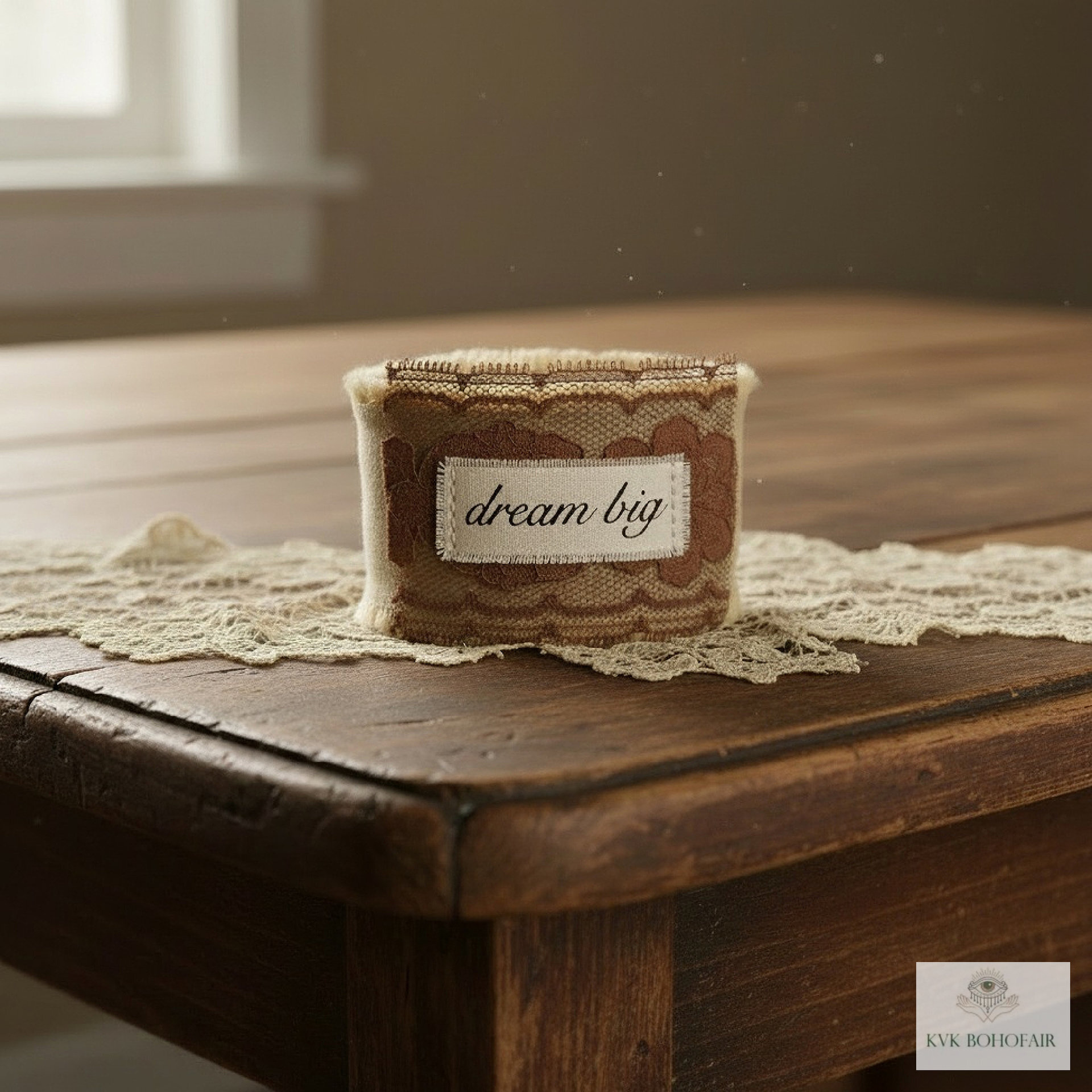 Boho Cotton Cuff Bracelet – Embroidered Dream Big Quote, Vintage Lace Detail