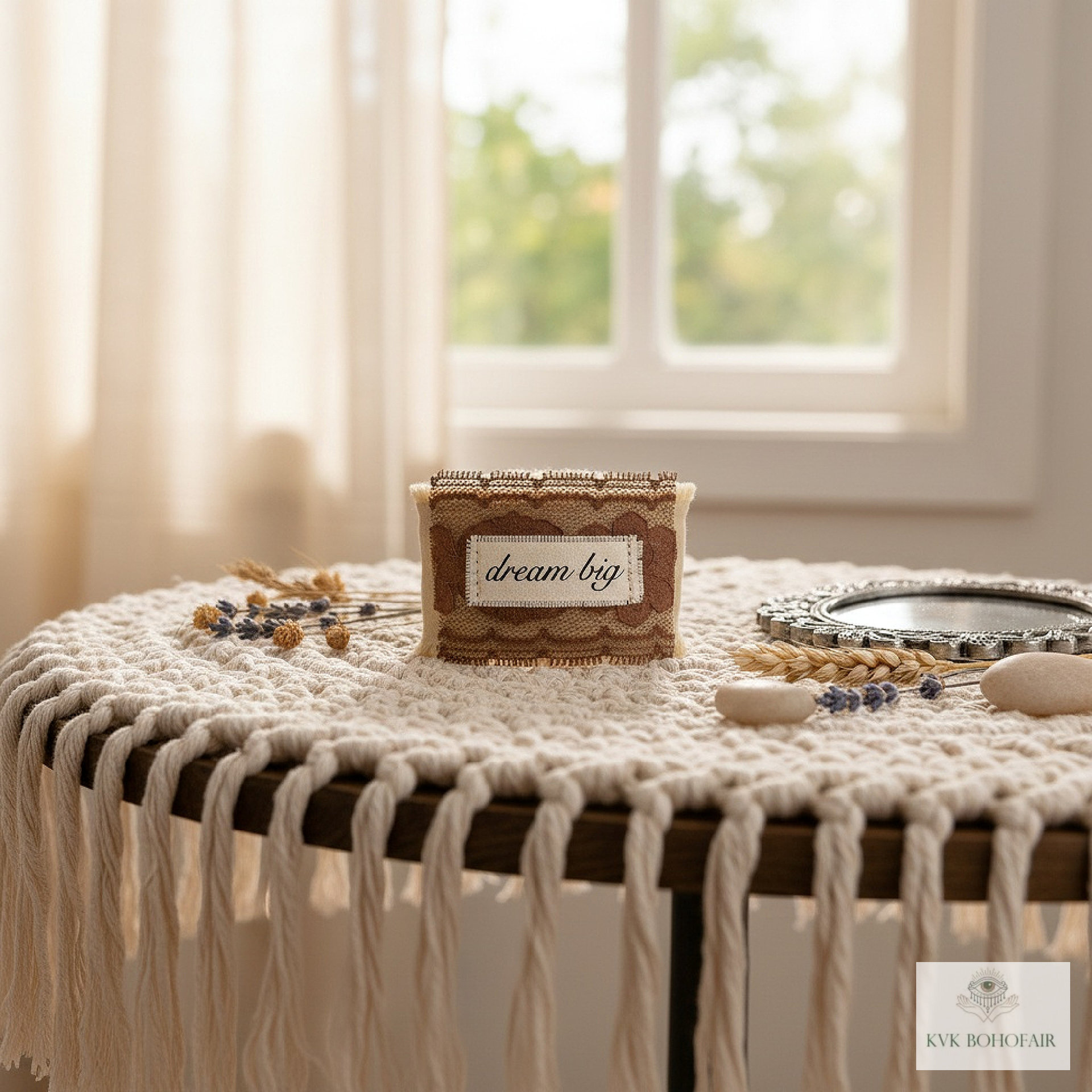 Boho Cotton Cuff Bracelet – Embroidered Dream Big Quote, Vintage Lace Detail