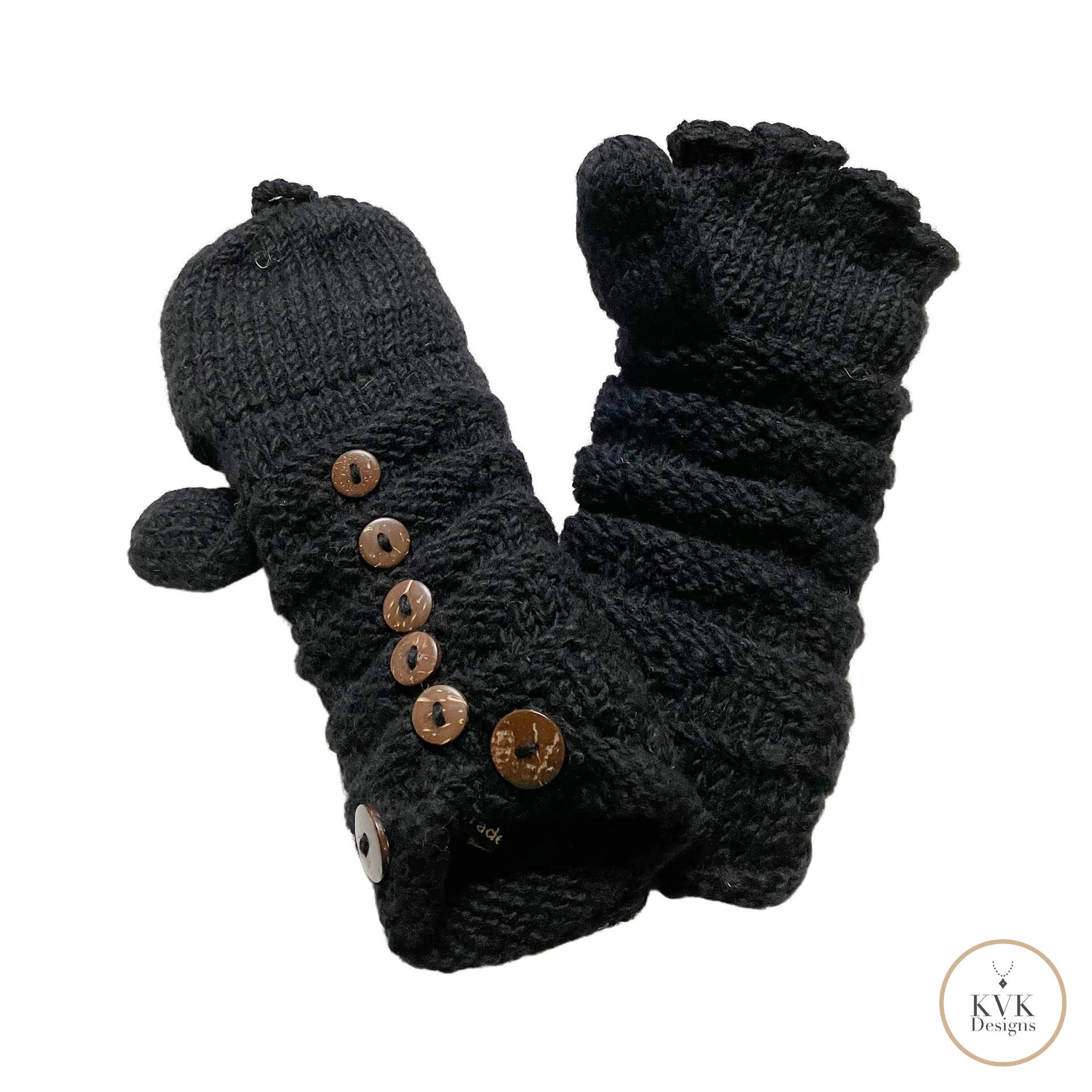 Hand-Knit Black Wool Mittens with Wooden Buttons - Convertible Fingerless Gloves