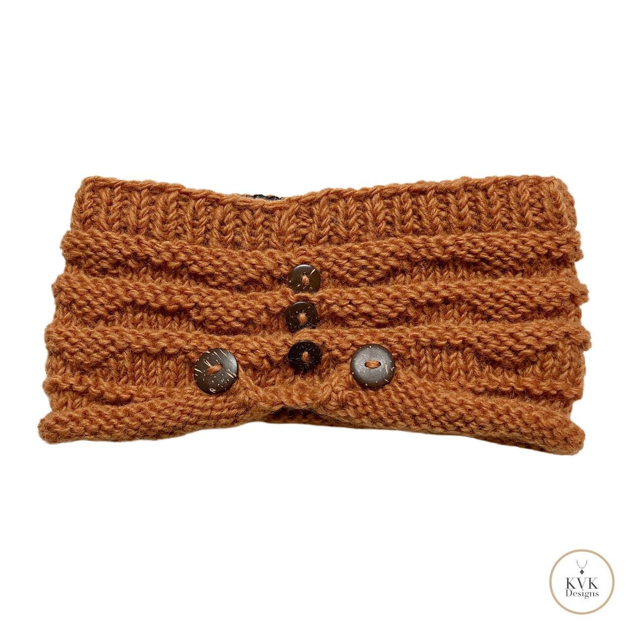 Hand-Knit Orange Wool Headband with Buttons - Cozy Ear Warmer for Women