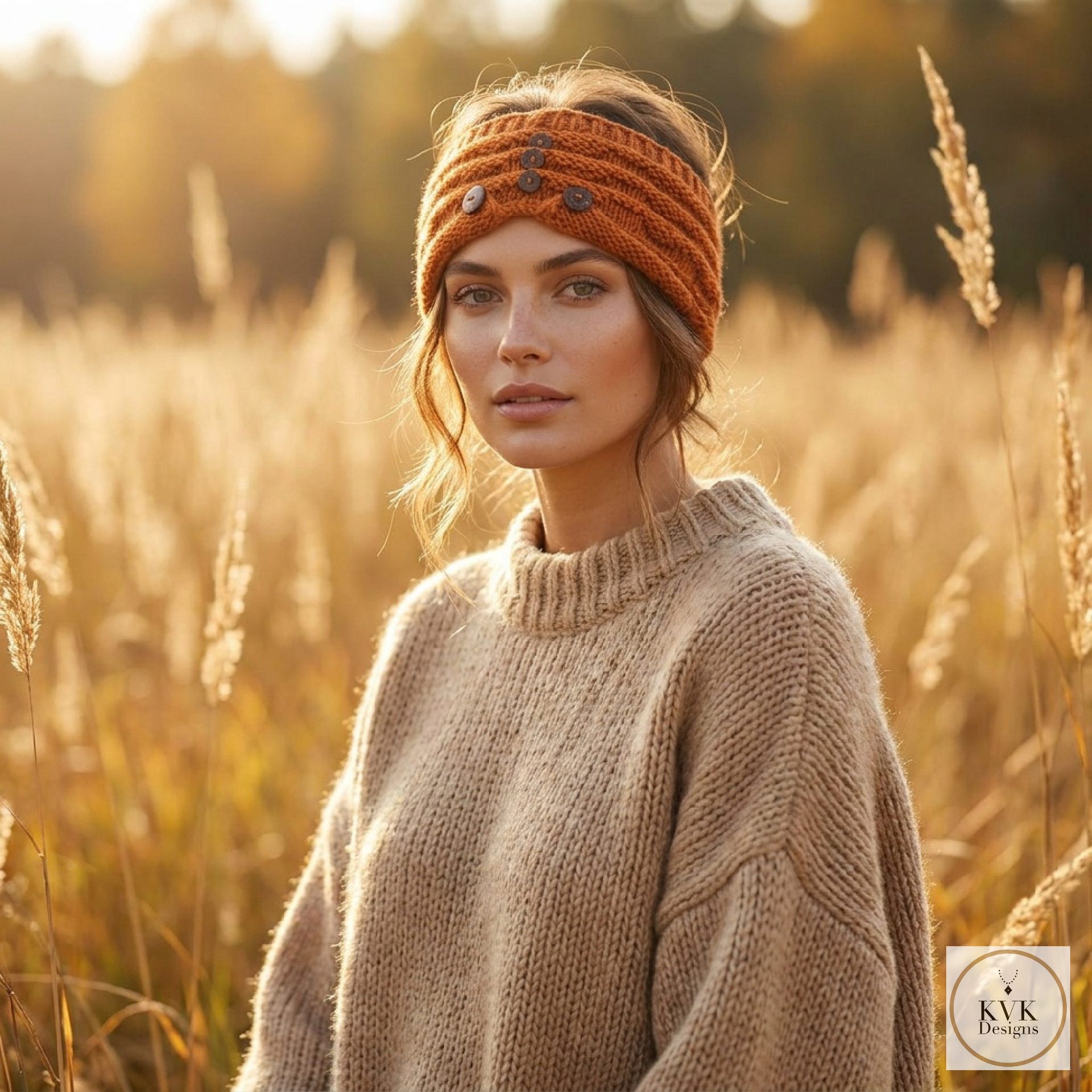 Hand-Knit Orange Wool Headband with Buttons - Cozy Ear Warmer for Women