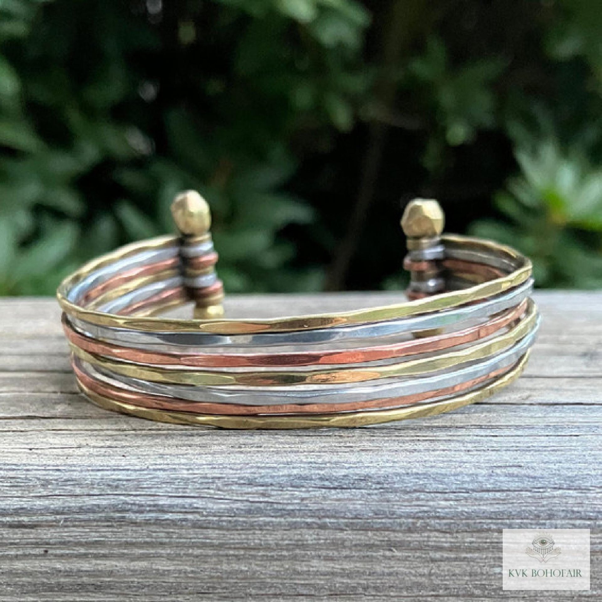 Thin Hammered Mixed Metal Cuff Bracelet - Handcrafted Stacking Bangle