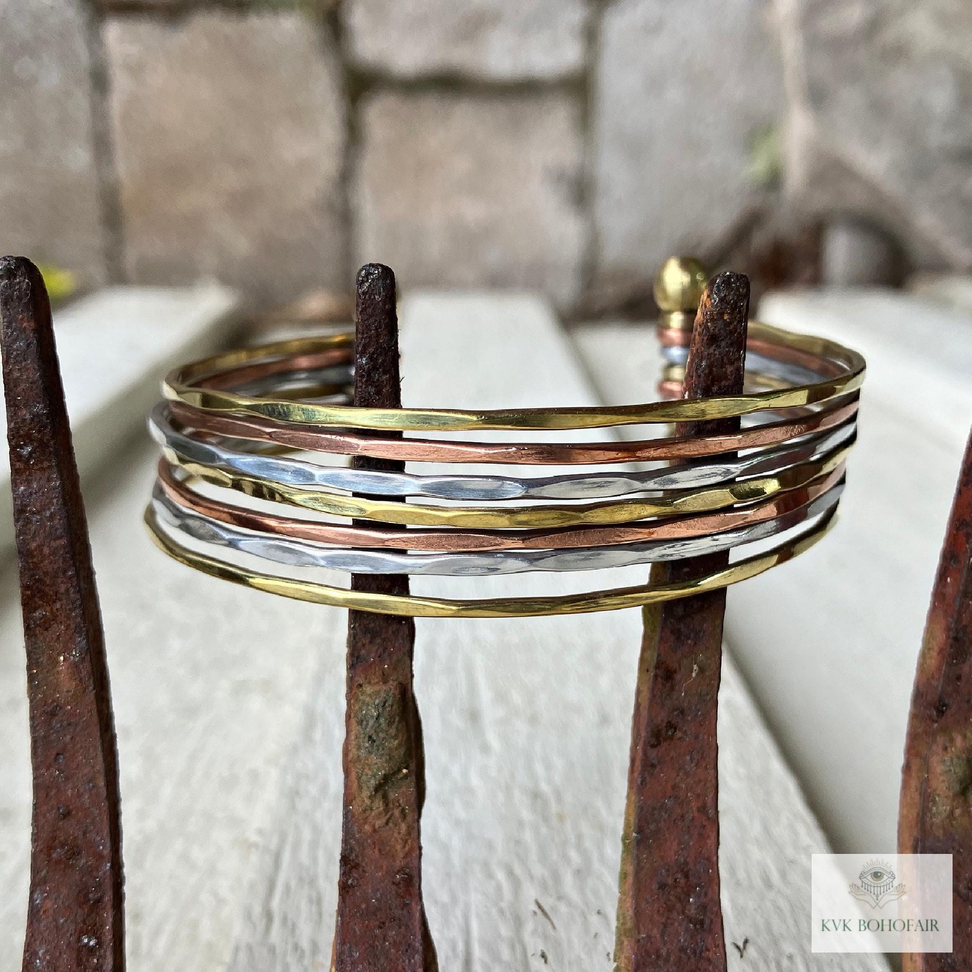 Thin Hammered Mixed Metal Cuff Bracelet - Handcrafted Stacking Bangle