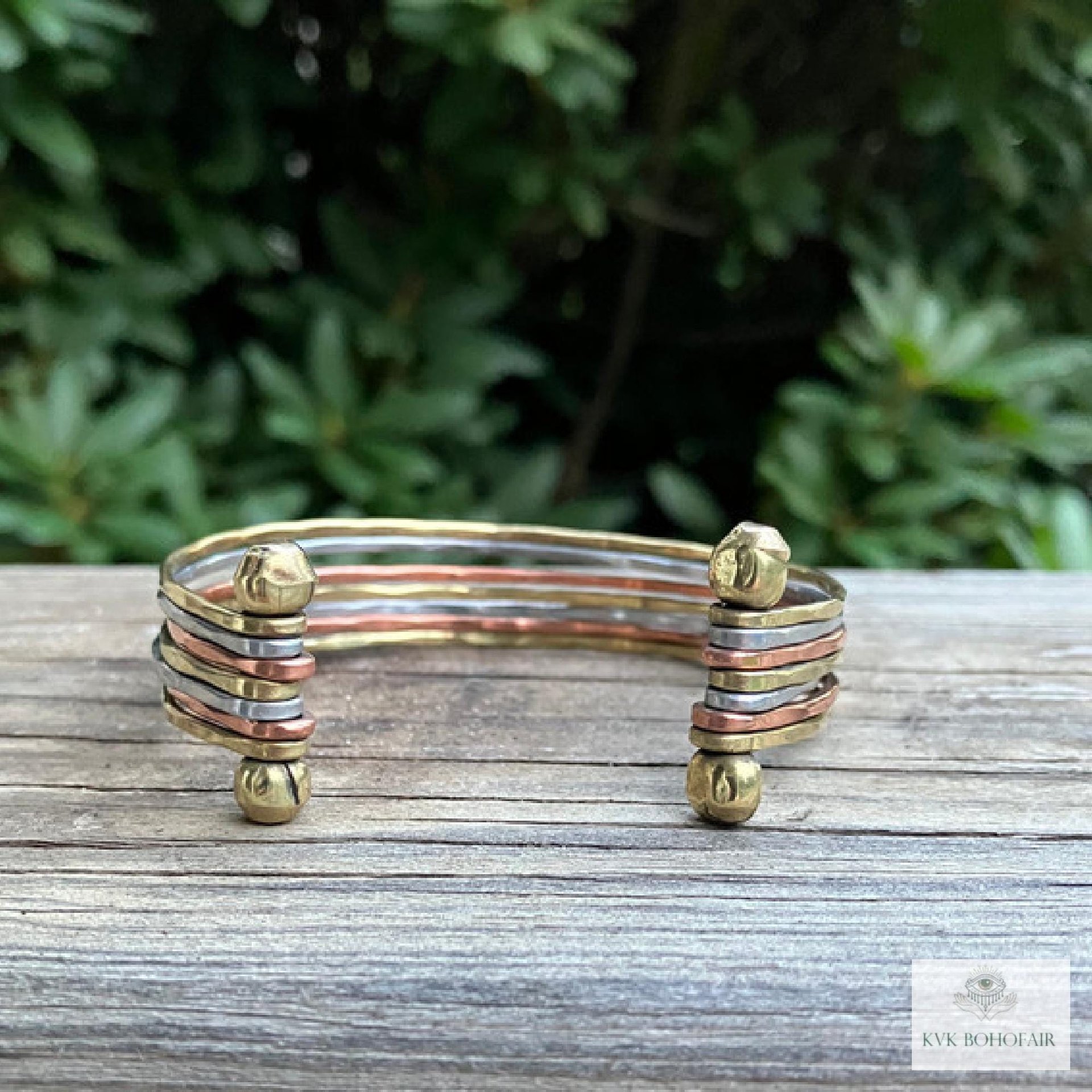 Thin Hammered Mixed Metal Cuff Bracelet - Handcrafted Stacking Bangle