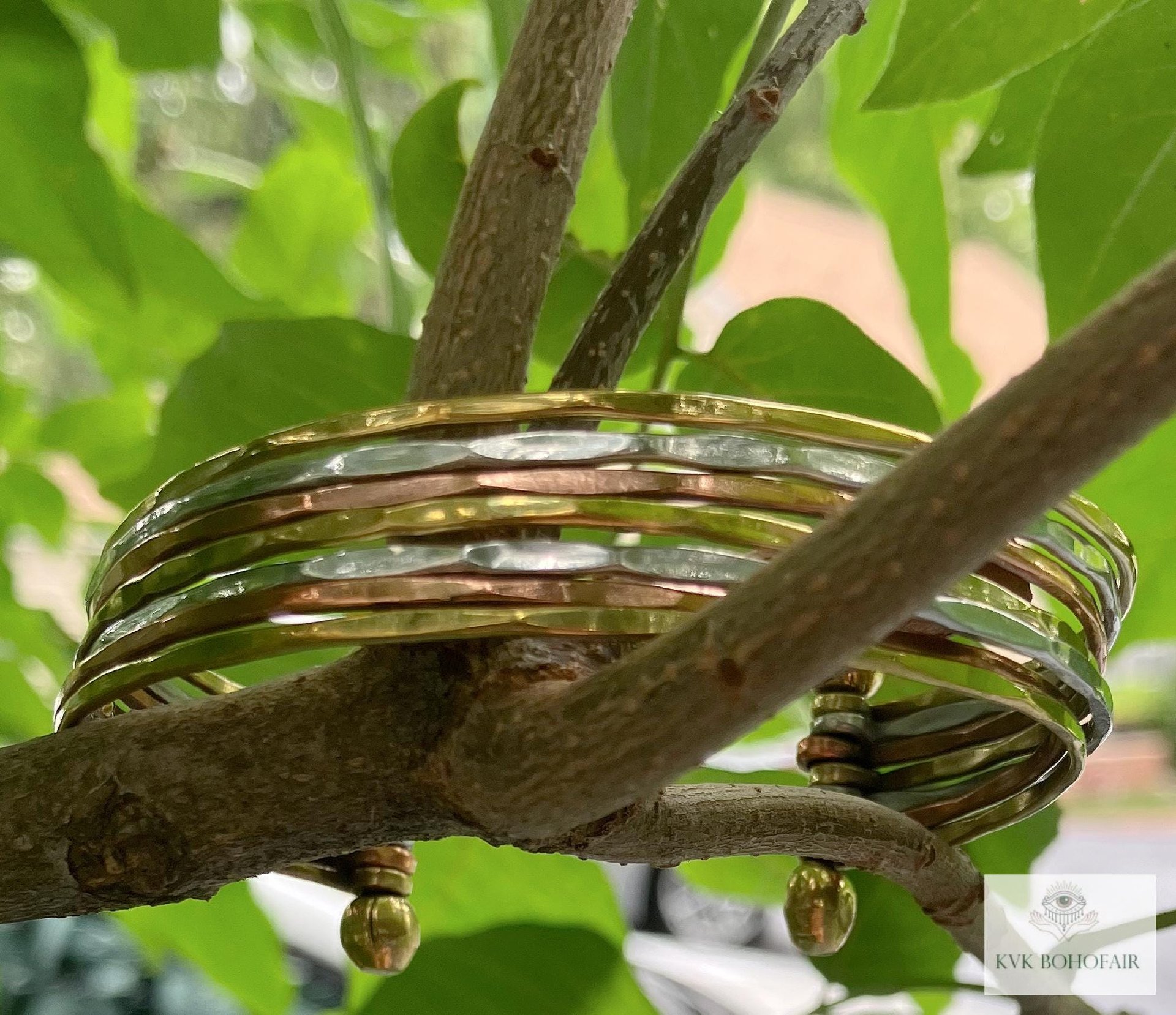 Thin Hammered Mixed Metal Cuff Bracelet - Handcrafted Stacking Bangle