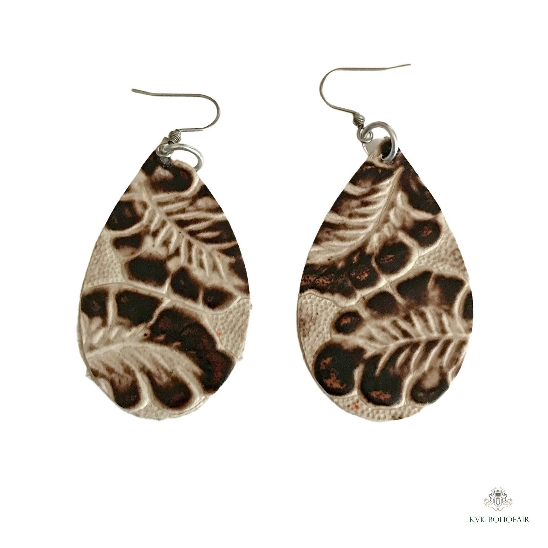 Brown Floral Leather Teardrop Earrings - Hand Tooled Cream Leaf Dangles