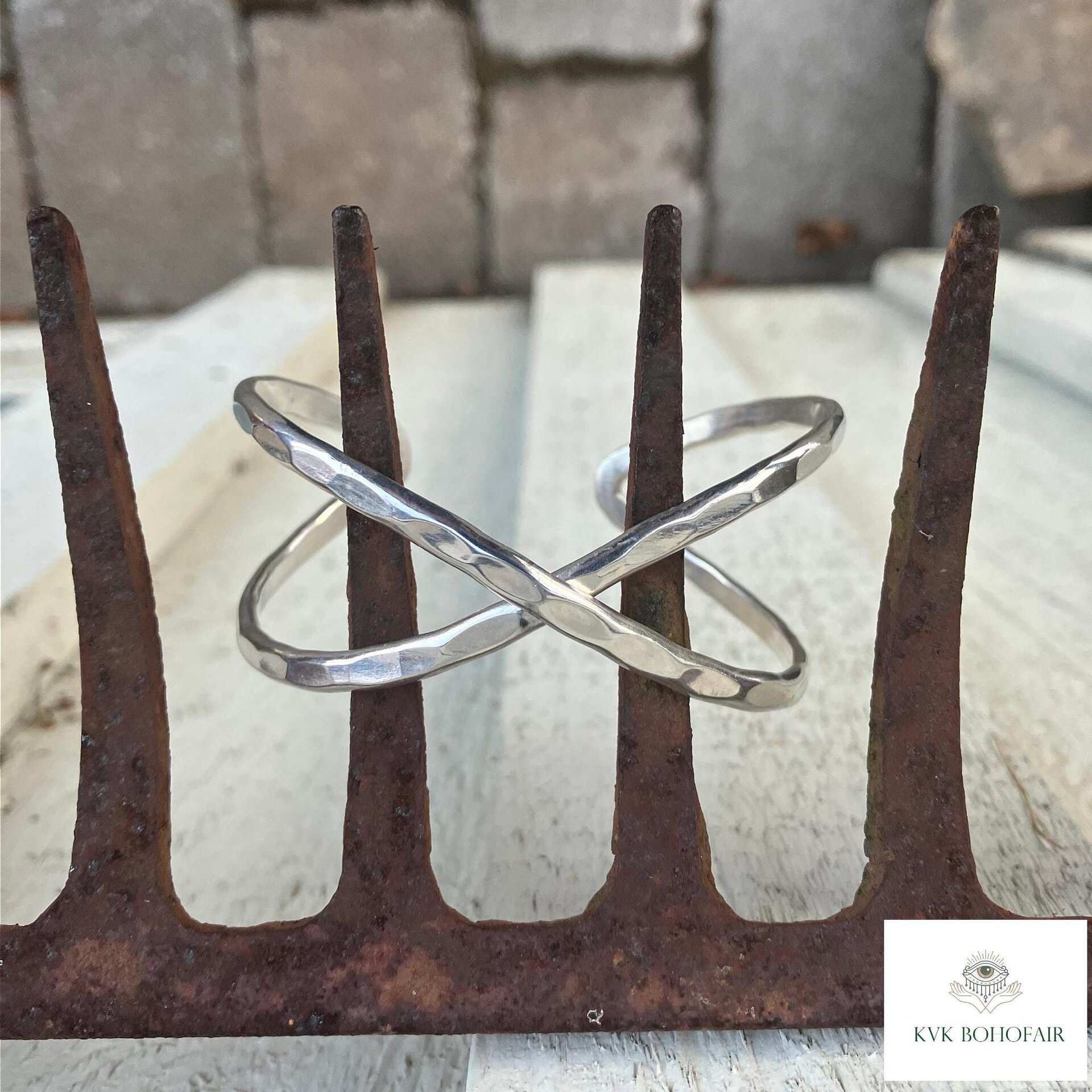 Hammered Silver Criss Cross Cuff Bracelet: Boho X Design