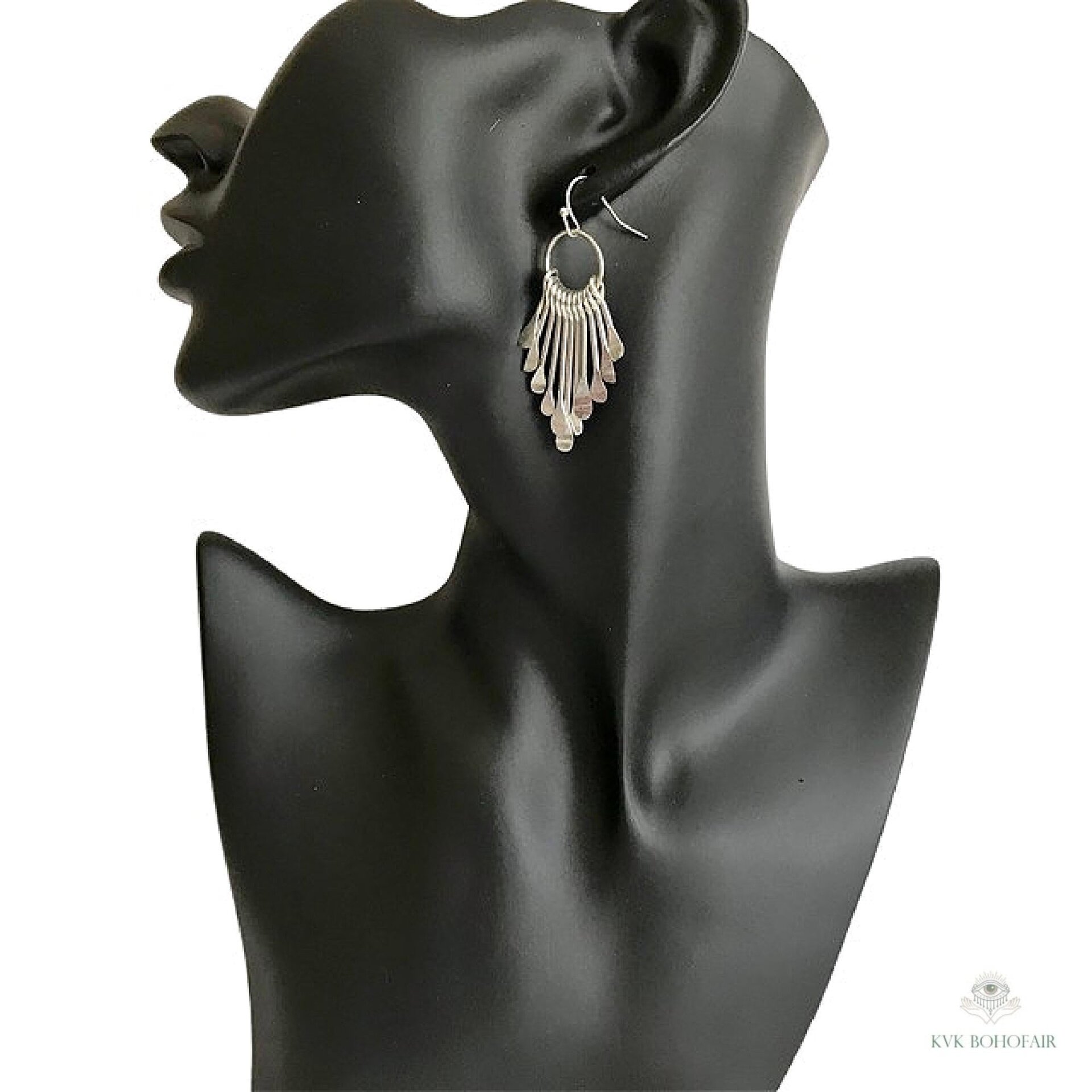 Boho Silver Plated Fringe Paddle Earrings, Sterling Silver Wires, Artisan Chandelier Dangles