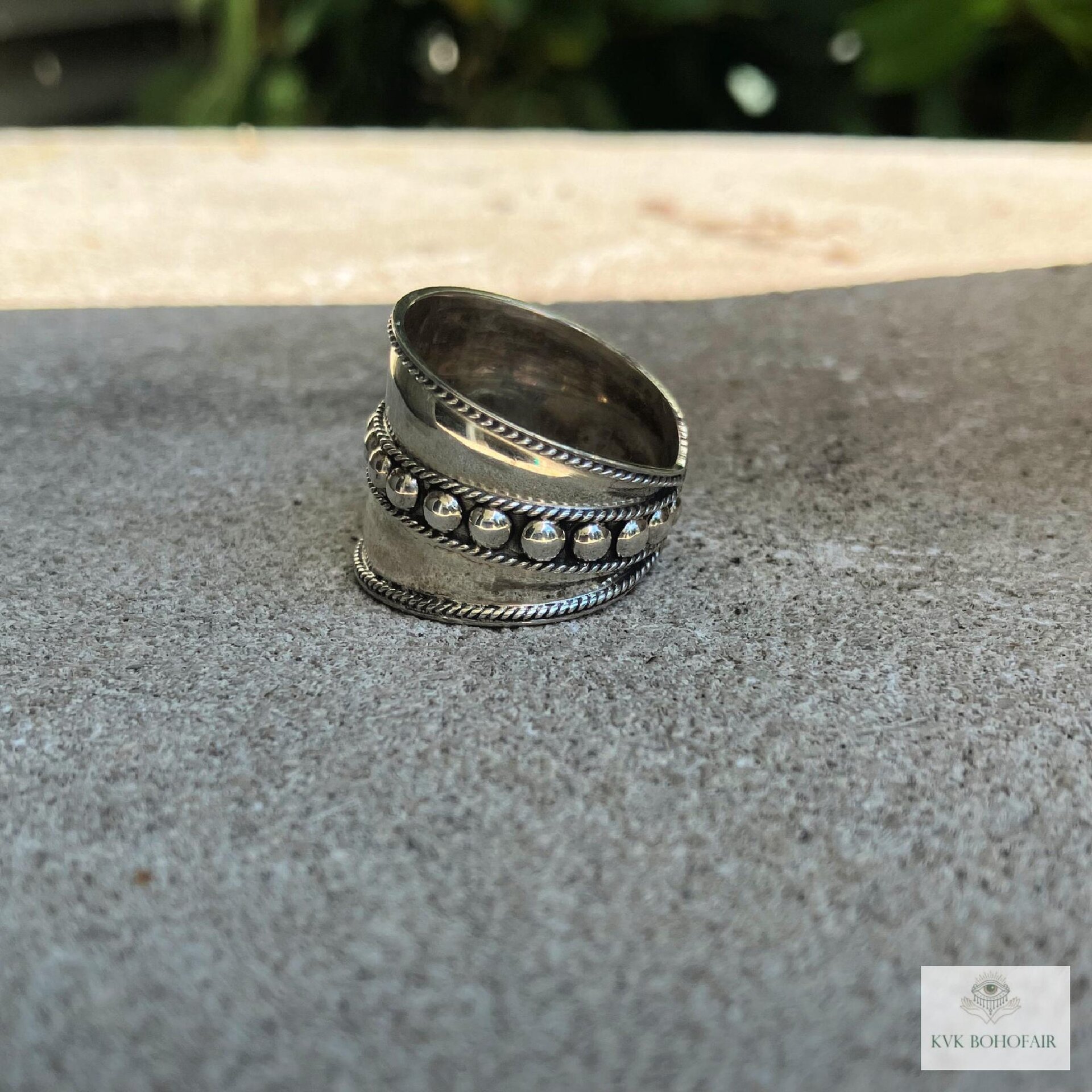 Sterling Silver Wide Band Ring, Boho Dot Detail, Handmade