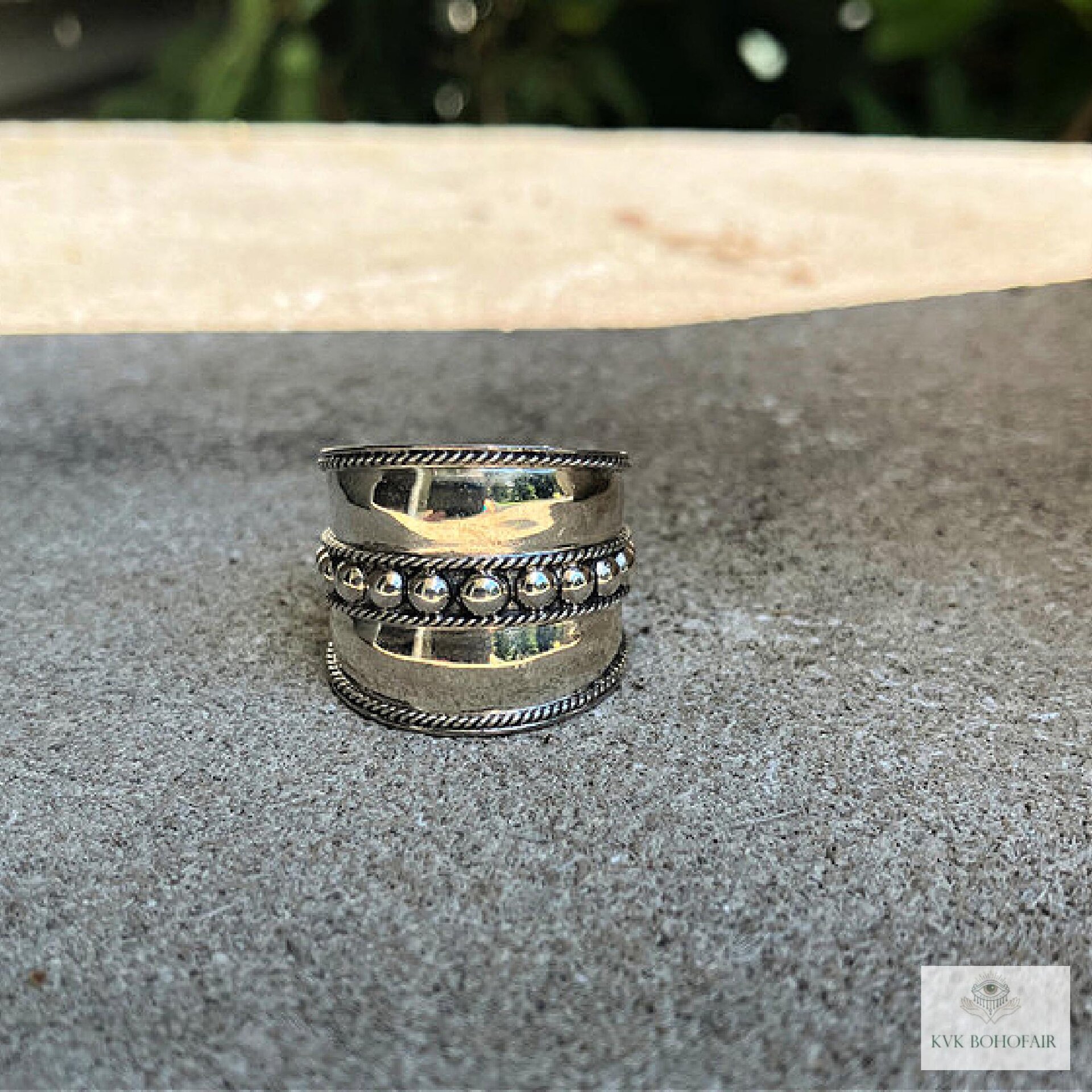 Sterling Silver Wide Band Ring, Boho Dot Detail, Handmade
