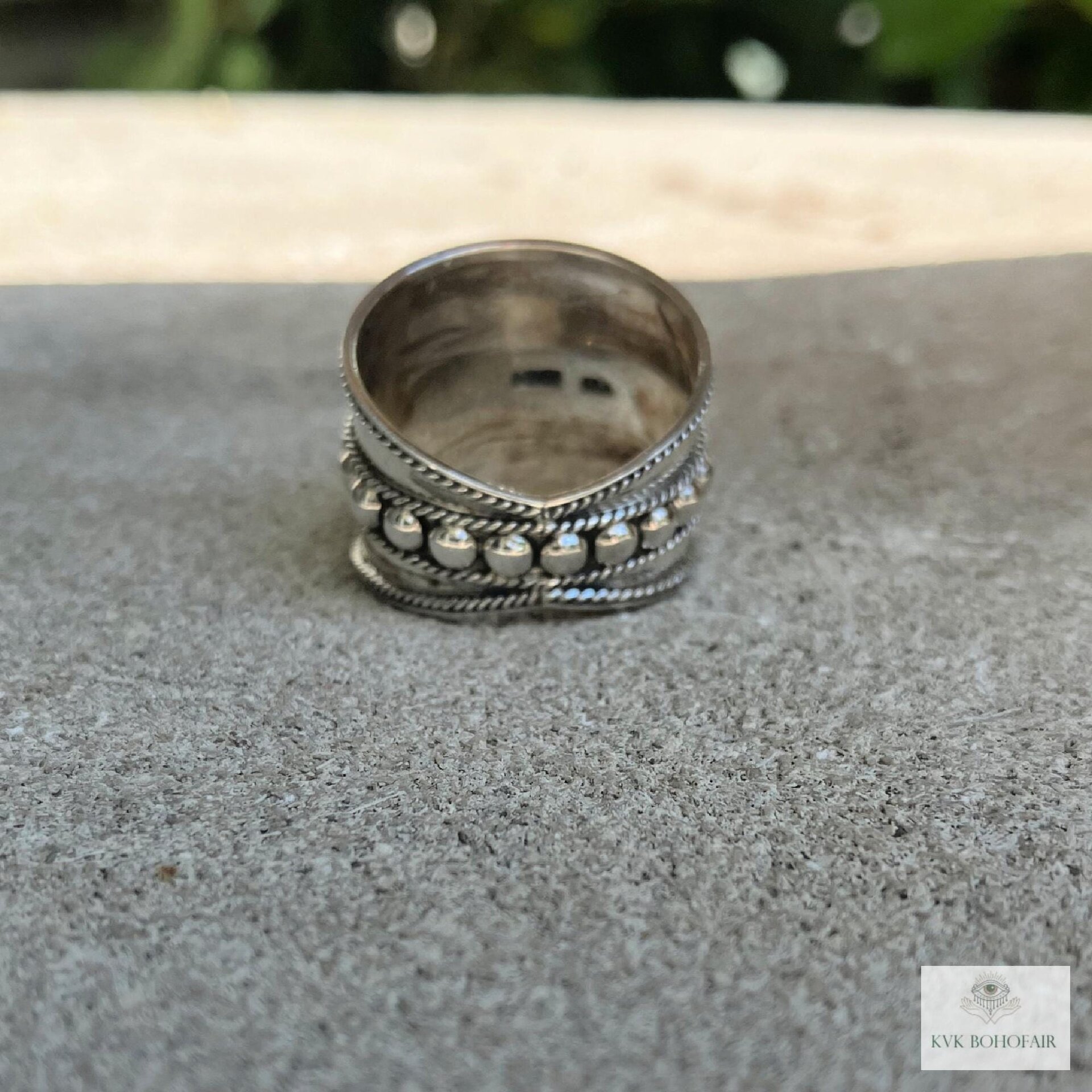 Sterling Silver Wide Band Ring, Boho Dot Detail, Handmade